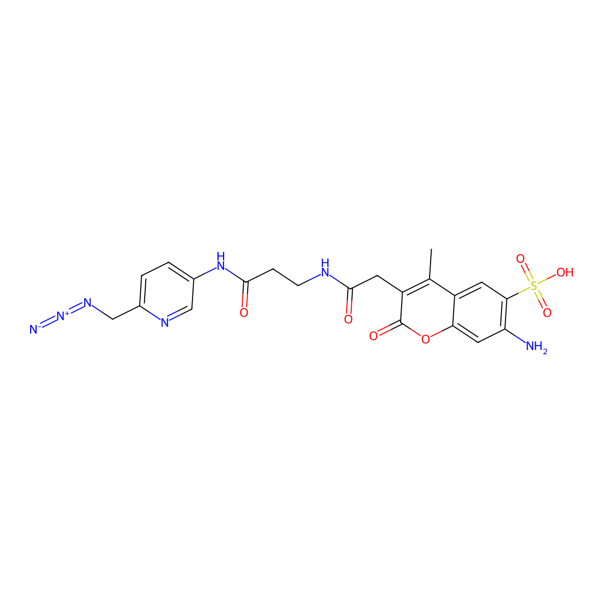 7-Amino-3-(2-((3-((6-(azidomethyl)pyridin-3-YL)amino)-3-oxopropyl)amino)-2-oxoethyl)-4-methyl-2-oxo-2H-chromene-6-sulfonic acid molecular structure, CAS 2644752-83-8