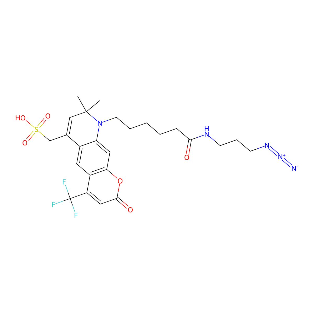 (9-(6-((3-Azidopropyl)amino)-6-oxohexyl)-8,8-dimethyl-2-oxo-4-(trifluoromethyl)-8,9-dihydro-2H-pyrano[3,2-G]quinolin-6-YL)methanesulfonic acid molecular structure, CAS 2644752-86-1