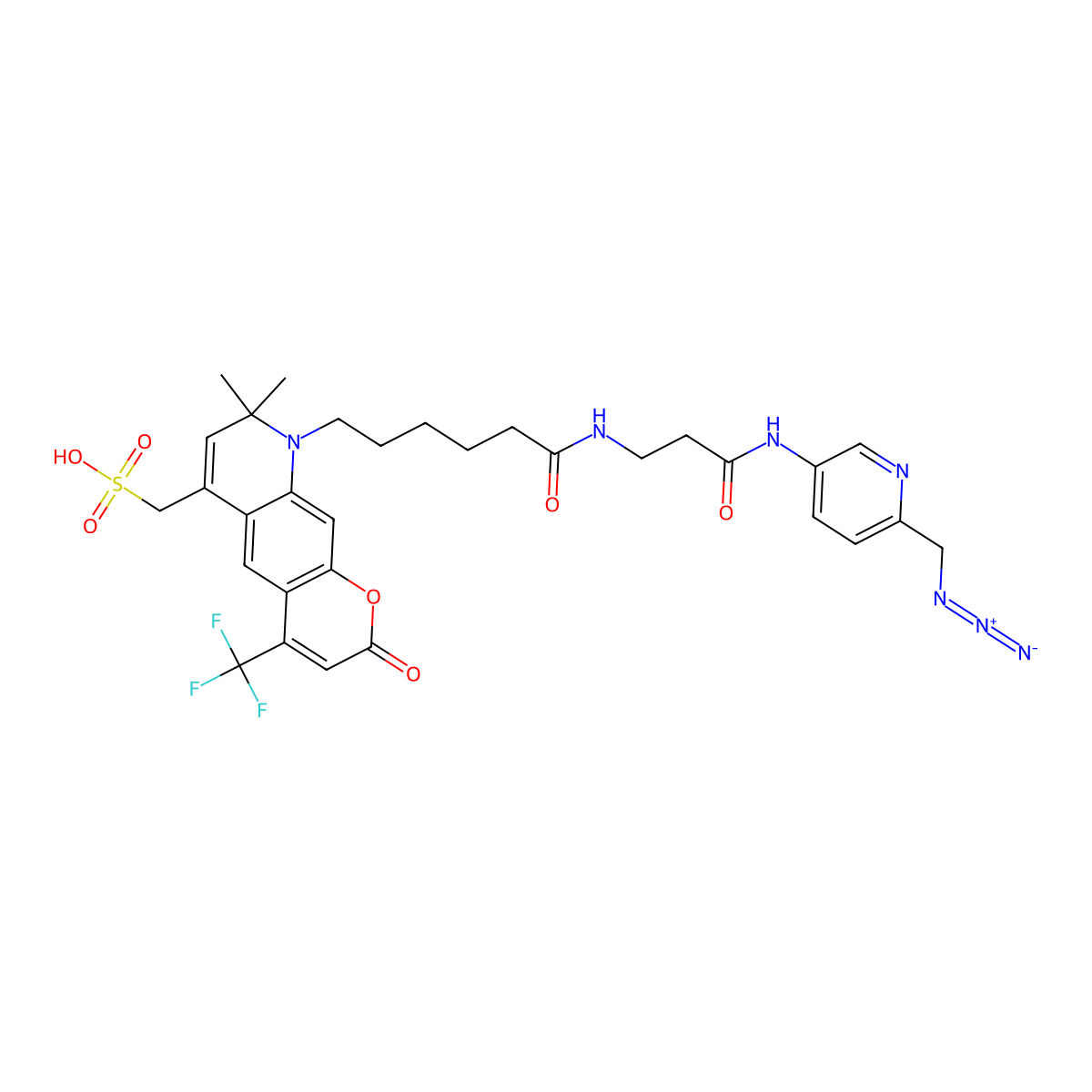 (9-(6-((3-((6-(Azidomethyl)pyridin-3-YL)amino)-3-oxopropyl)amino)-6-oxohexyl)-8,8-dimethyl-2-oxo-4-(trifluoromethyl)-8,9-dihydro-2H-pyrano[3,2-G]quinolin-6-YL)methanesulfonic acid molecular structure, CAS 2644752-87-2