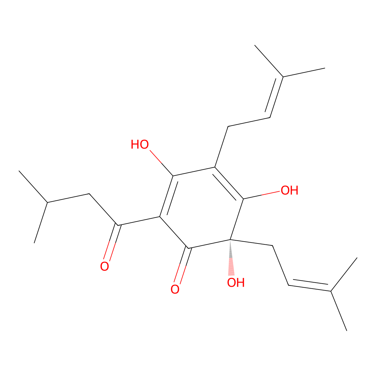 (6S)-3,5,6-Trihydroxy-4,6-bis(3-methyl-2-buten-1-yl)-2-(3-methyl-1-oxobutyl)-2,4-cyclohexadien-1-one molecular structure, CAS 26472-41-3