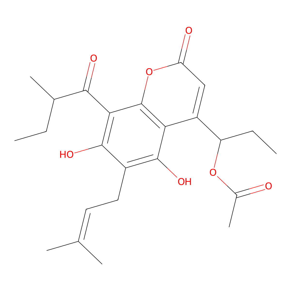 4-(1-(Acetyloxy)propyl)-5,7-dihydroxy-6-(3-methyl-2-buten-1-yl)-8-(2-methyl-1-oxobutyl)-2H-1-benzopyran-2-one molecular structure, CAS 26477-65-6