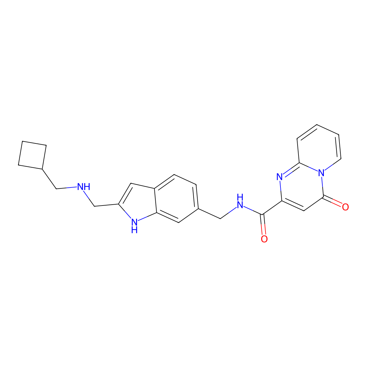 N-((2-(((cyclobutylmethyl)amino)methyl)-1H-indol-6-yl)methyl)-4-oxo-4H-pyrido[1,2-a]pyrimidine-2-carboxamide molecular structure, CAS 2648257-56-9
