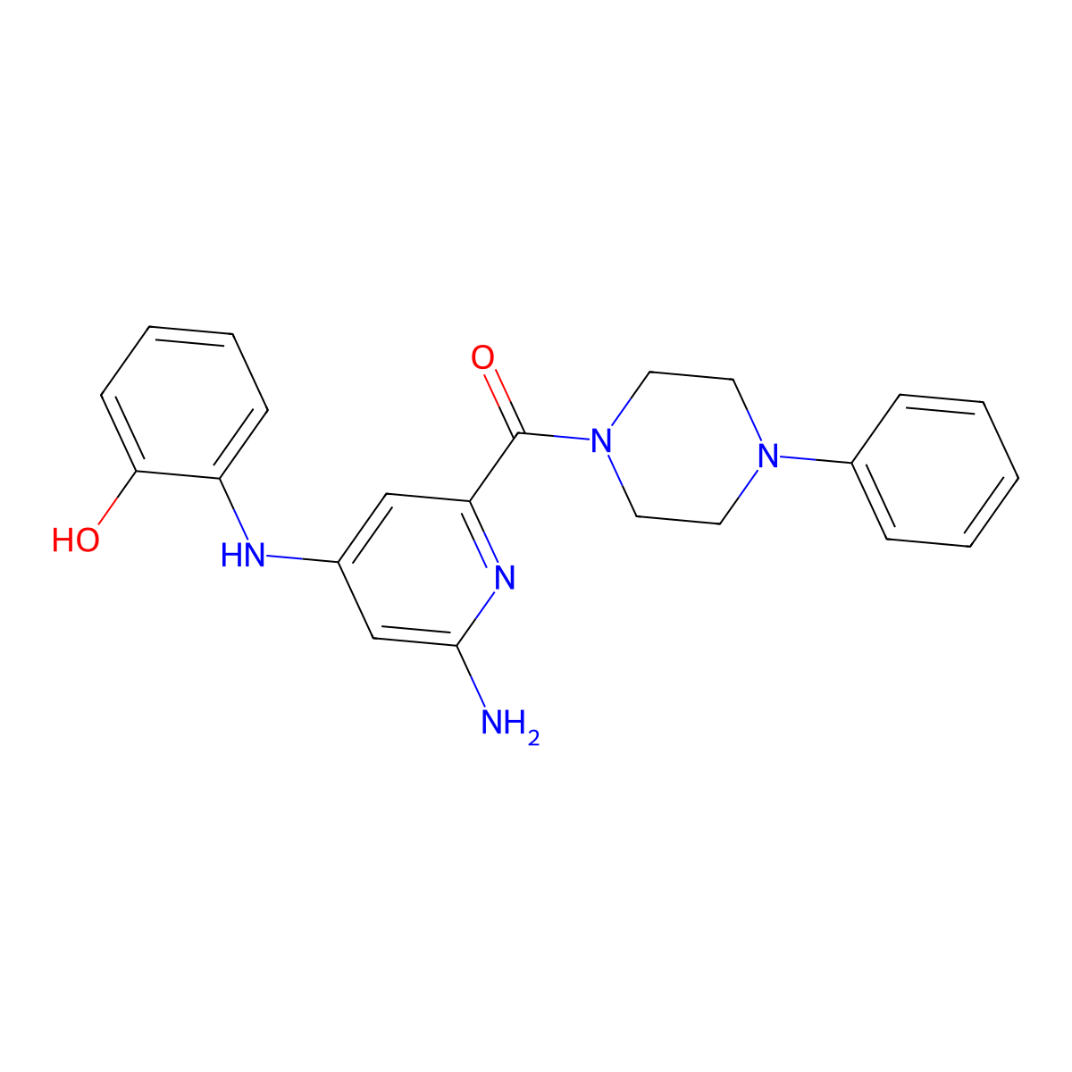 (6-Amino-4-((2-hydroxyphenyl)amino)pyridin-2-YL)(4-phenylpiperazin-1-YL)methanone molecular structure, CAS 2648407-76-3