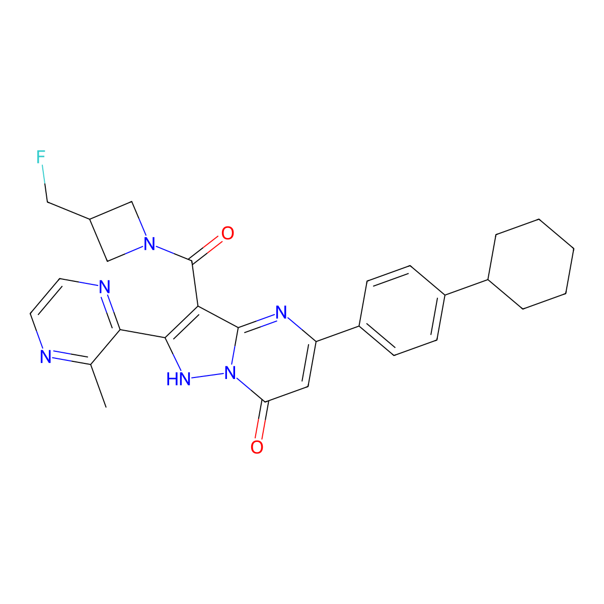 5-(4-Cyclohexylphenyl)-3-(3-(fluoromethyl)azetidine-1-carbonyl)-2-(3-methylpyrazin-2-yl)pyrazolo[1,5-a]pyrimidin-7(4H)-one molecular structure, CAS 2648450-42-2