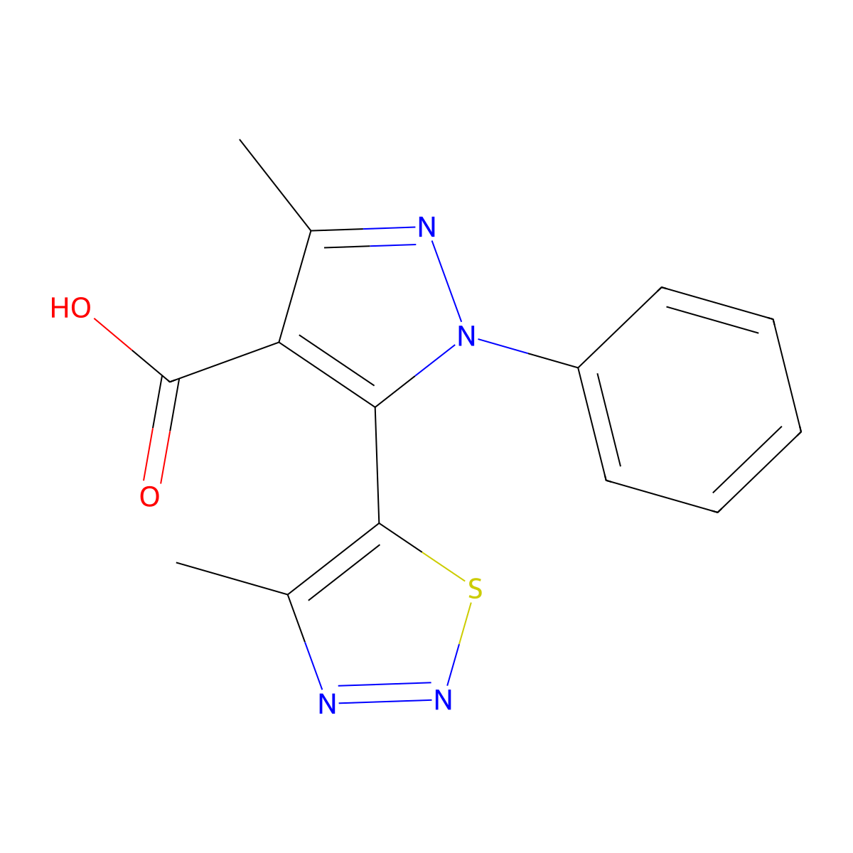 3-methyl-5-(4-methyl-1,2,3-thiadiazol-5-yl)-1-phenyl-1H-pyrazole-4-carboxylic acid molecular structure, CAS 264880-56-0