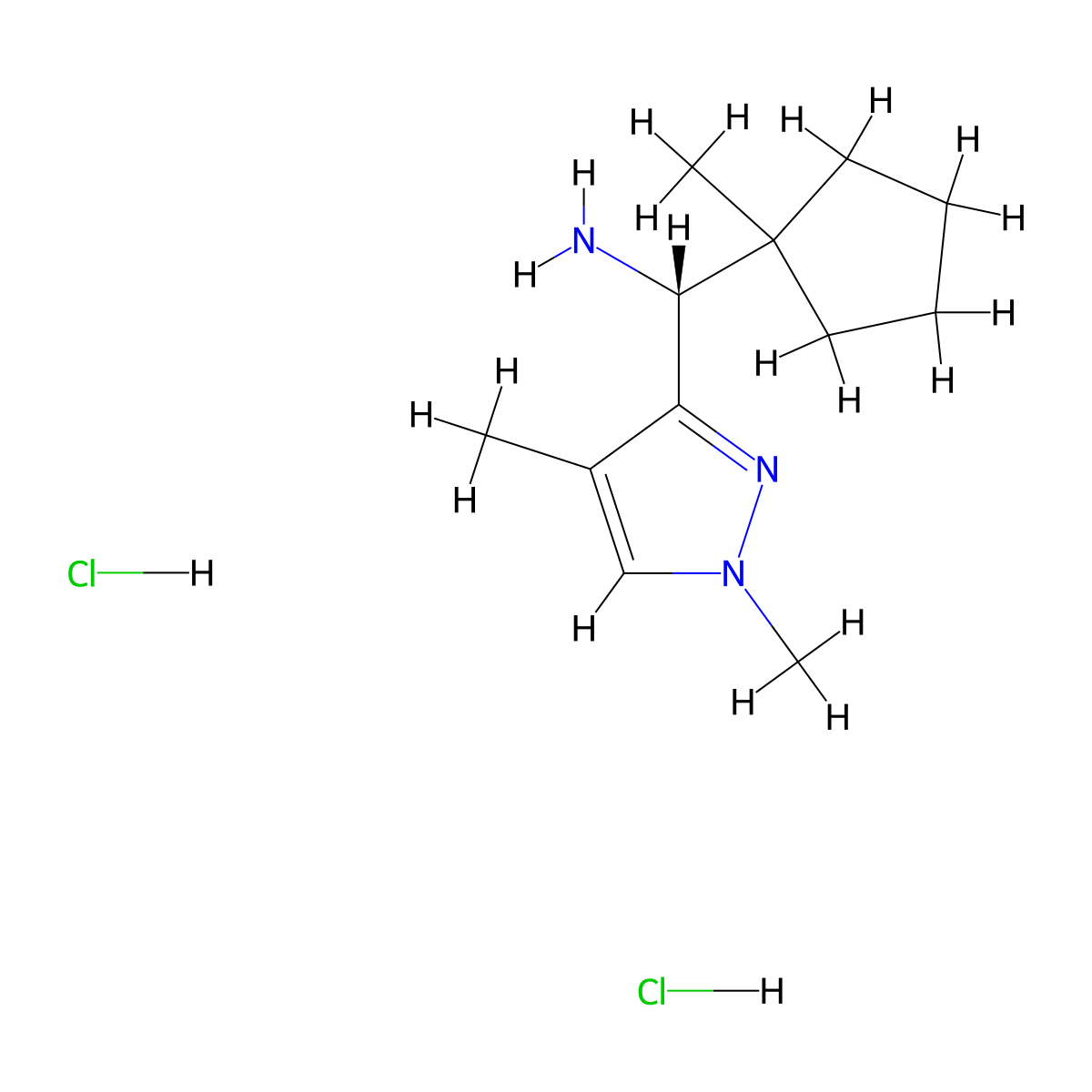 (1R)-1-(1,4-dimethyl-1H-pyrazol-3-yl)-1-(1-methylcyclopentyl)methanamine dihydrochloride molecular structure, CAS 2648902-26-3