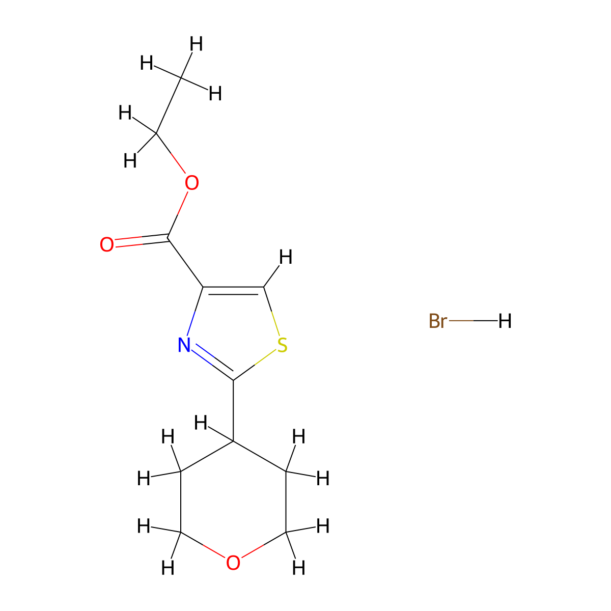 Ethyl 2-(oxan-4-yl)-1,3-thiazole-4-carboxylate hydrobromide molecular structure, CAS 2648956-01-6