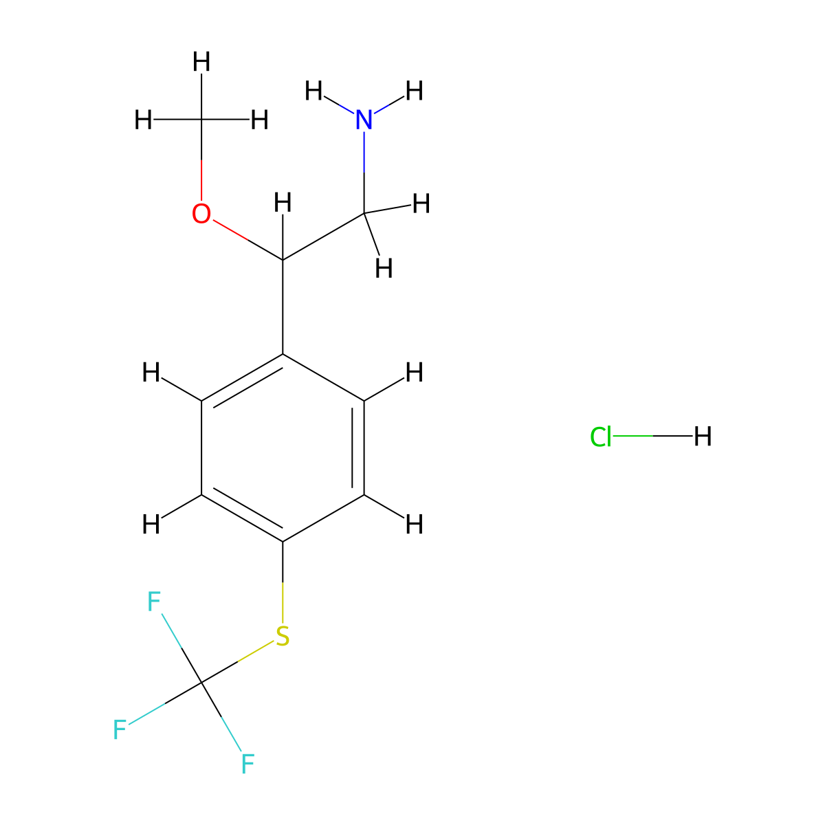 2-Methoxy-2-{4-[(trifluoromethyl)sulfanyl]phenyl}ethan-1-amine hydrochloride molecular structure, CAS 2648961-75-3