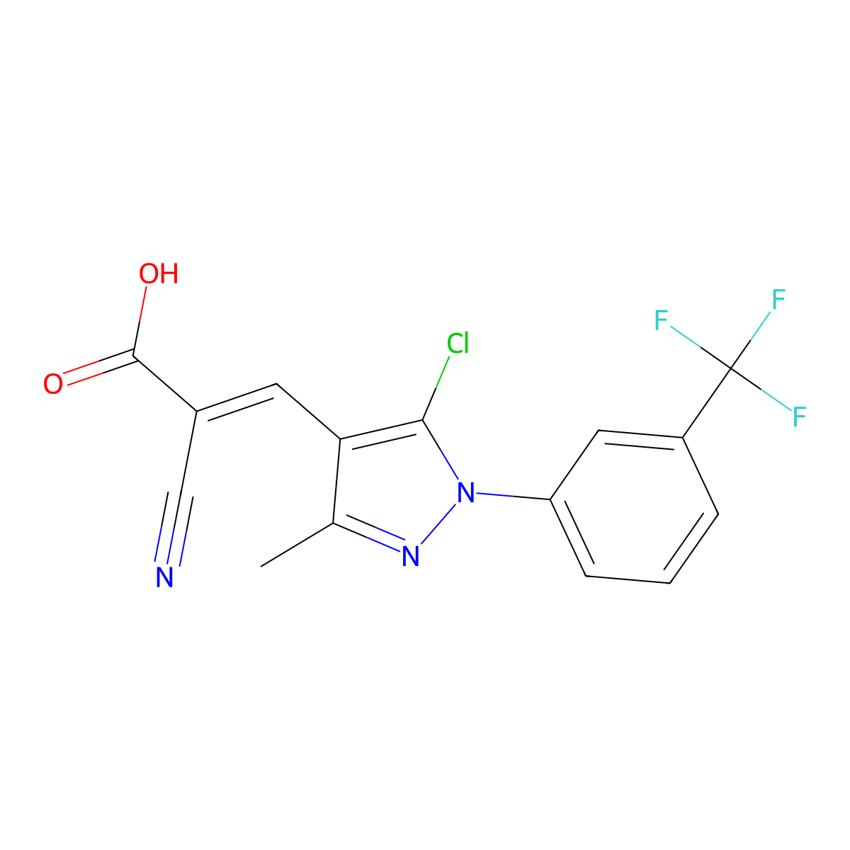 (2E)-3-{5-chloro-3-methyl-1-[3-(trifluoromethyl)phenyl]-1H-pyrazol-4-yl}-2-cyanoprop-2-enoic acid molecular structure, CAS 2648972-82-9