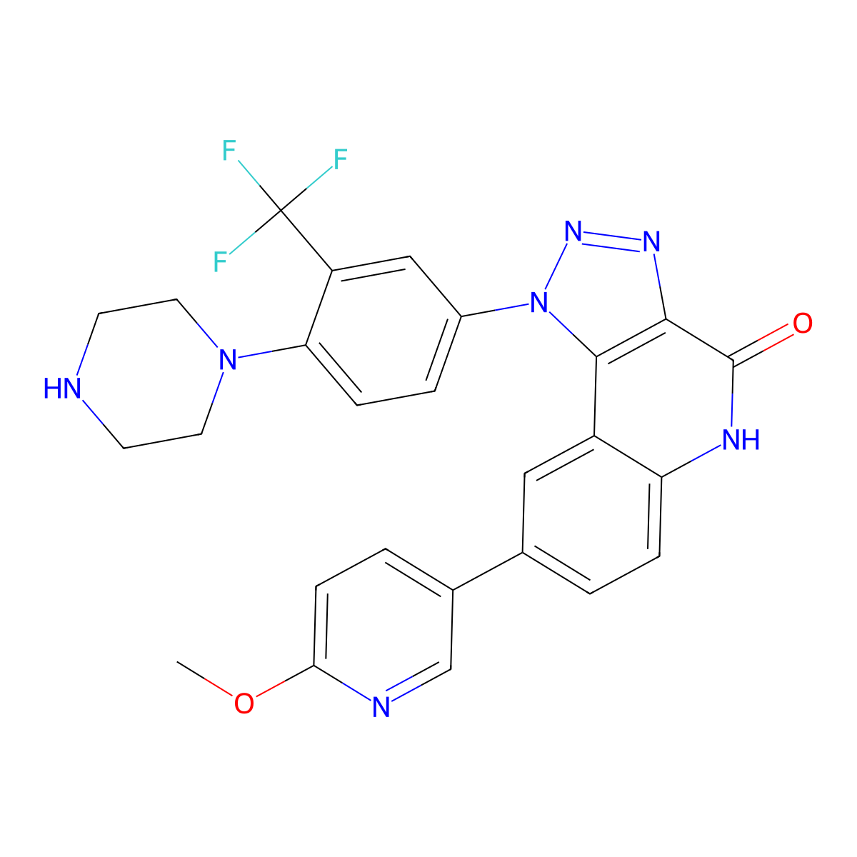 8-(6-Methoxypyridin-3-yl)-1-(4-(piperazin-1-yl)-3-(trifluoromethyl)phenyl)-1,5-dihydro-4H-[1,2,3]triazolo[4,5-c]quinolin-4-one molecular structure, CAS 2648986-65-4