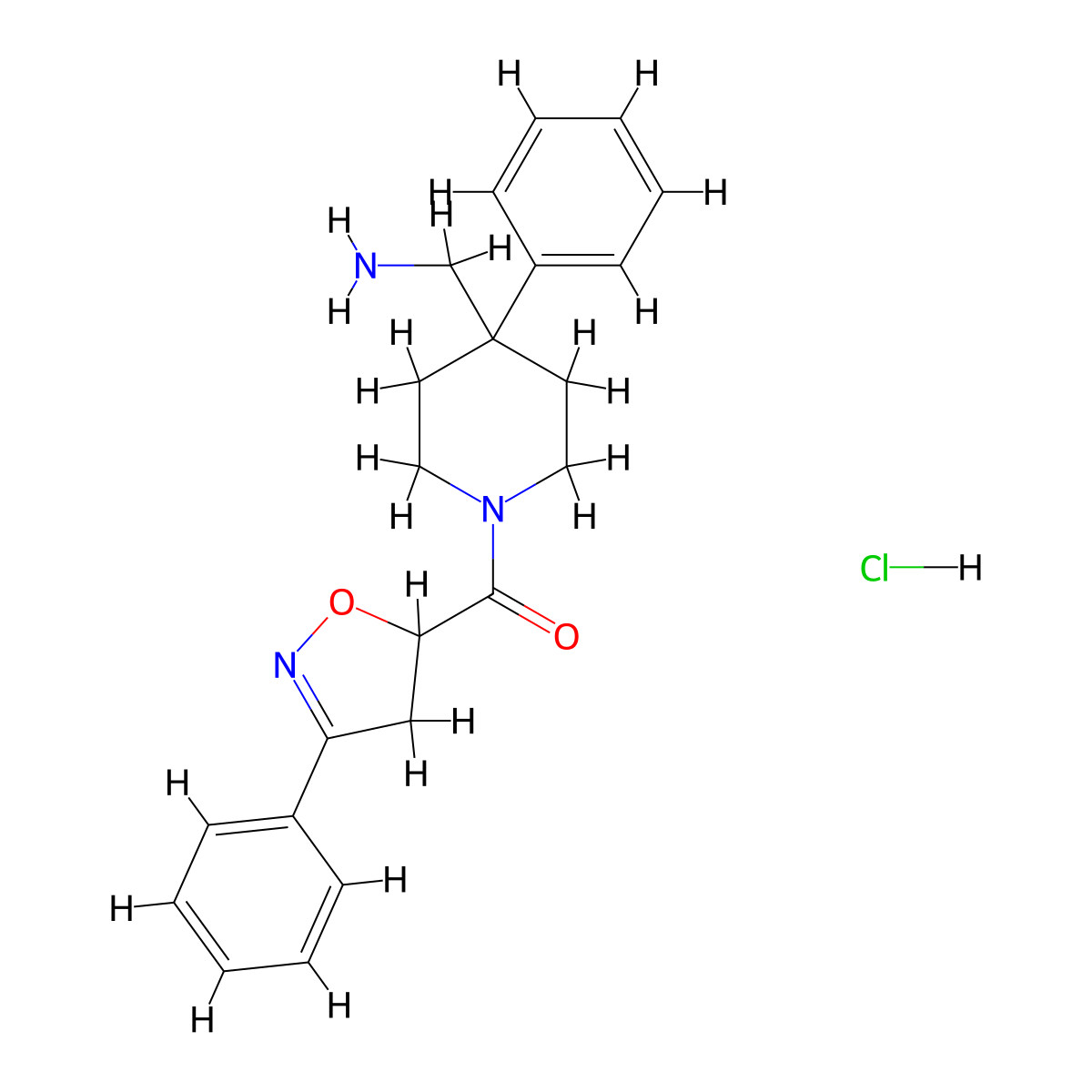 1-[4-Phenyl-1-(3-phenyl-4,5-dihydro-1,2-oxazole-5-carbonyl)piperidin-4-yl]methanamine hydrochloride molecular structure, CAS 2649013-96-5