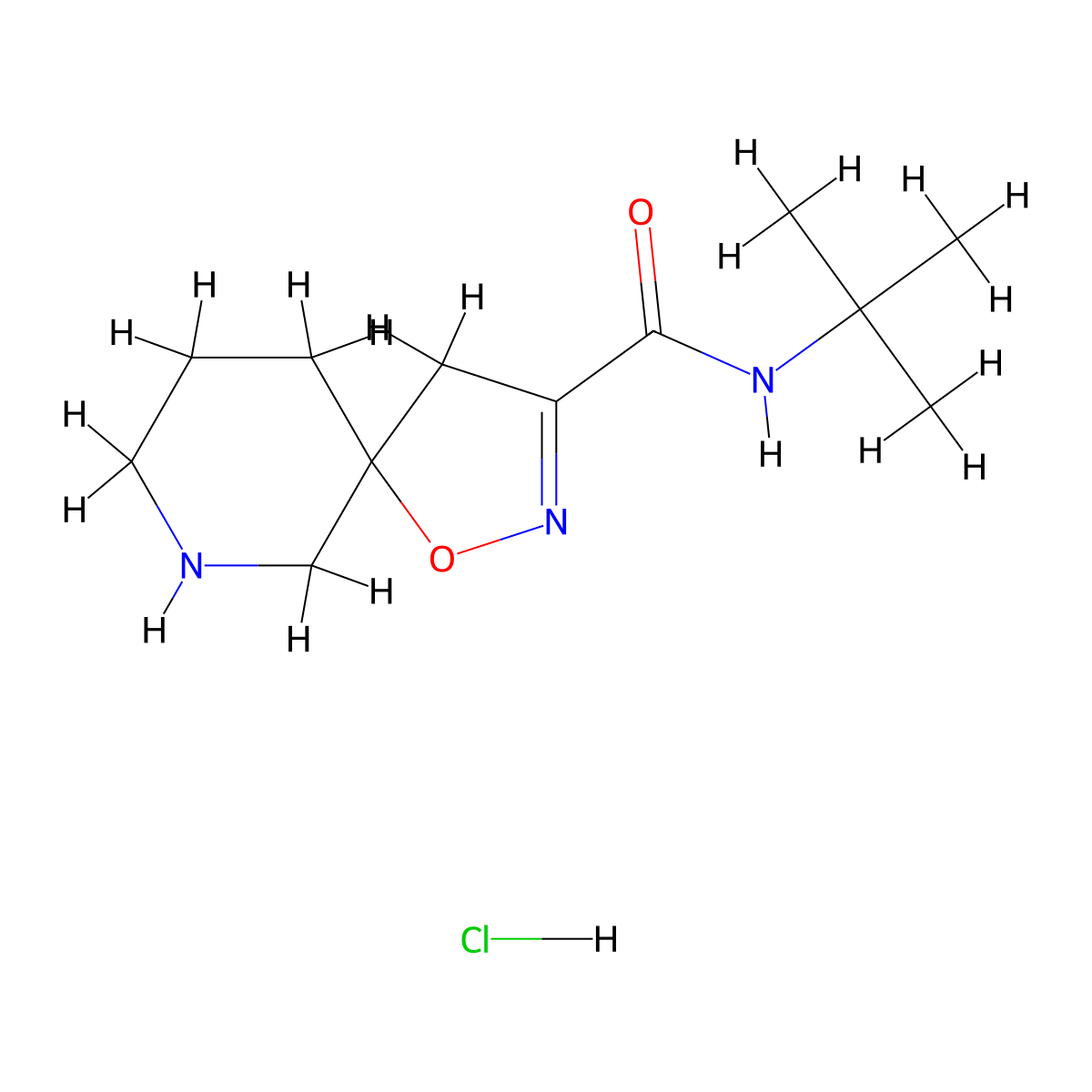 N-tert-butyl-1-oxa-2,7-diazaspiro[4.5]dec-2-ene-3-carboxamide hydrochloride molecular structure, CAS 2649065-71-2