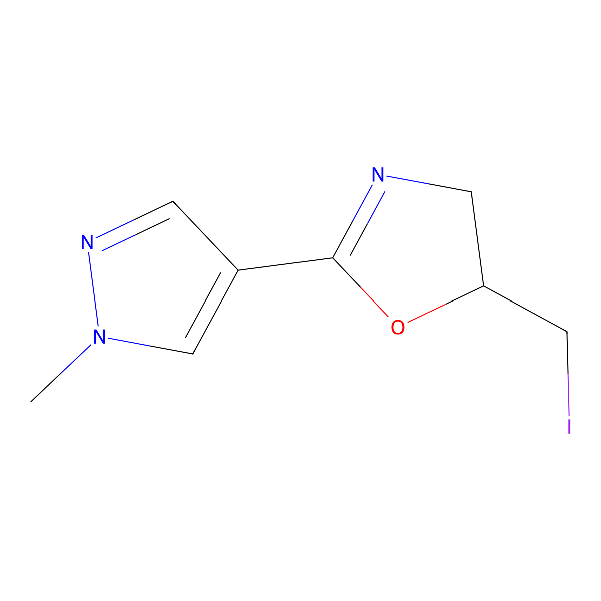 5-(iodomethyl)-2-(1-methyl-1H-pyrazol-4-yl)-4,5-dihydro-1,3-oxazole molecular structure, CAS 2649073-80-1