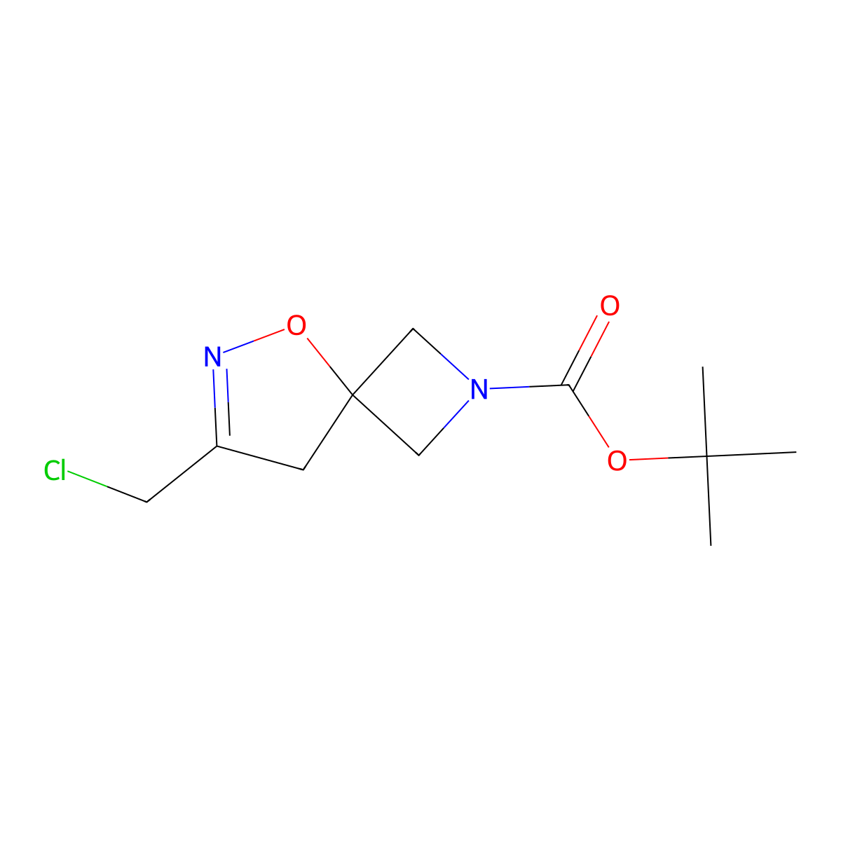 Tert-butyl 7-(chloromethyl)-5-oxa-2,6-diazaspiro(3.4)oct-6-ene-2-carboxylate molecular structure, CAS 2649081-89-8