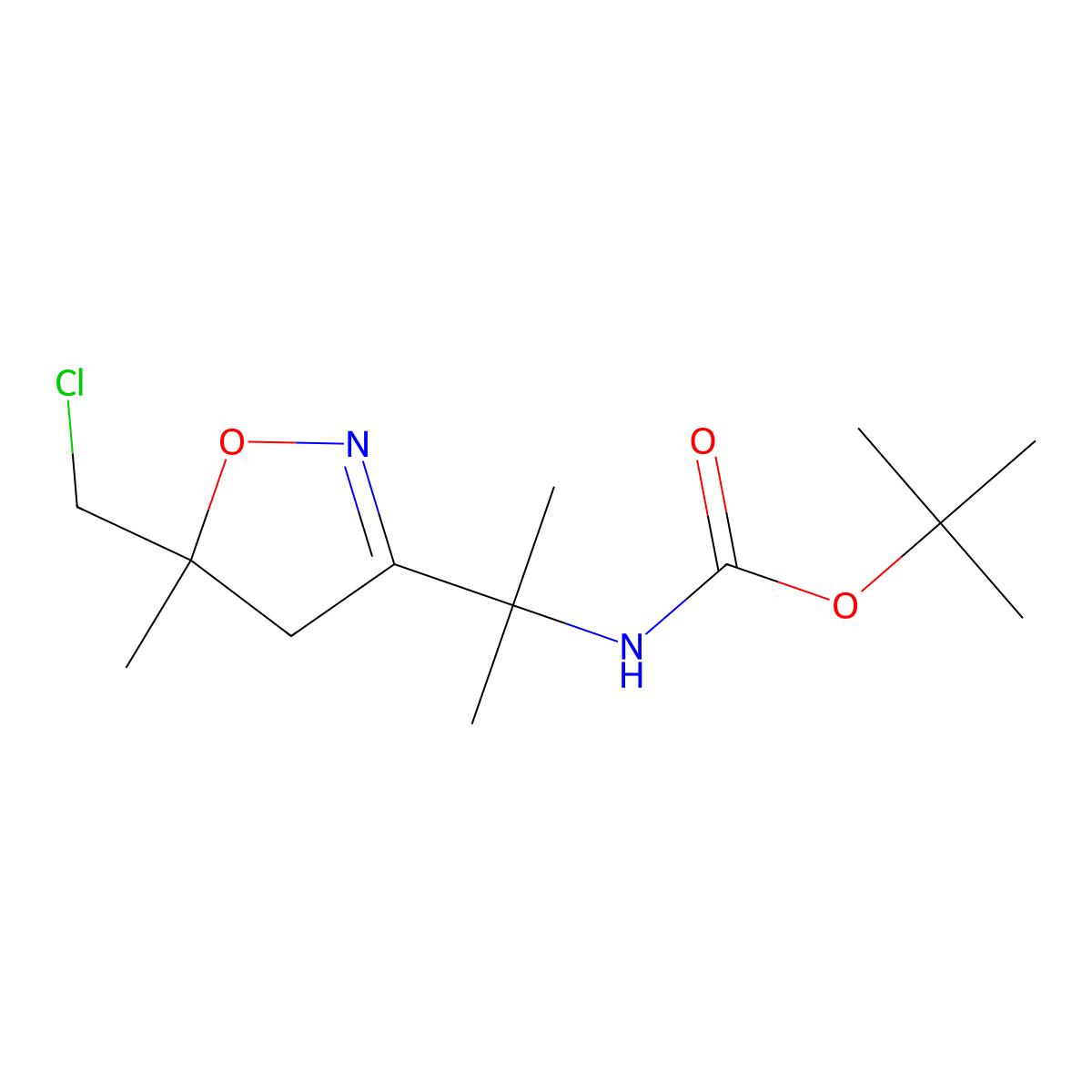 tert-butyl N-{2-[5-(chloromethyl)-5-methyl-4,5-dihydro-1,2-oxazol-3-yl]propan-2-yl}carbamate molecular structure, CAS 2649087-06-7