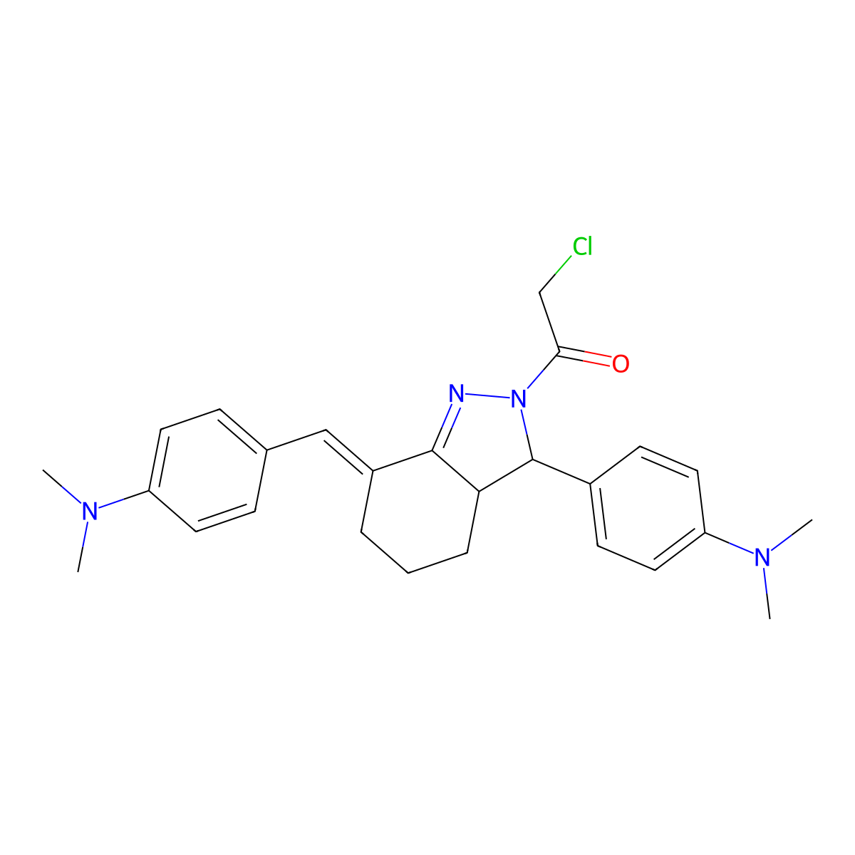 2-chloro-1-{3-[4-(dimethylamino)phenyl]-7-{[4-(dimethylamino)phenyl]methylidene}-3,3a,4,5,6,7-hexahydro-2H-indazol-2-yl}ethan-1-one molecular structure, CAS 2649088-03-7