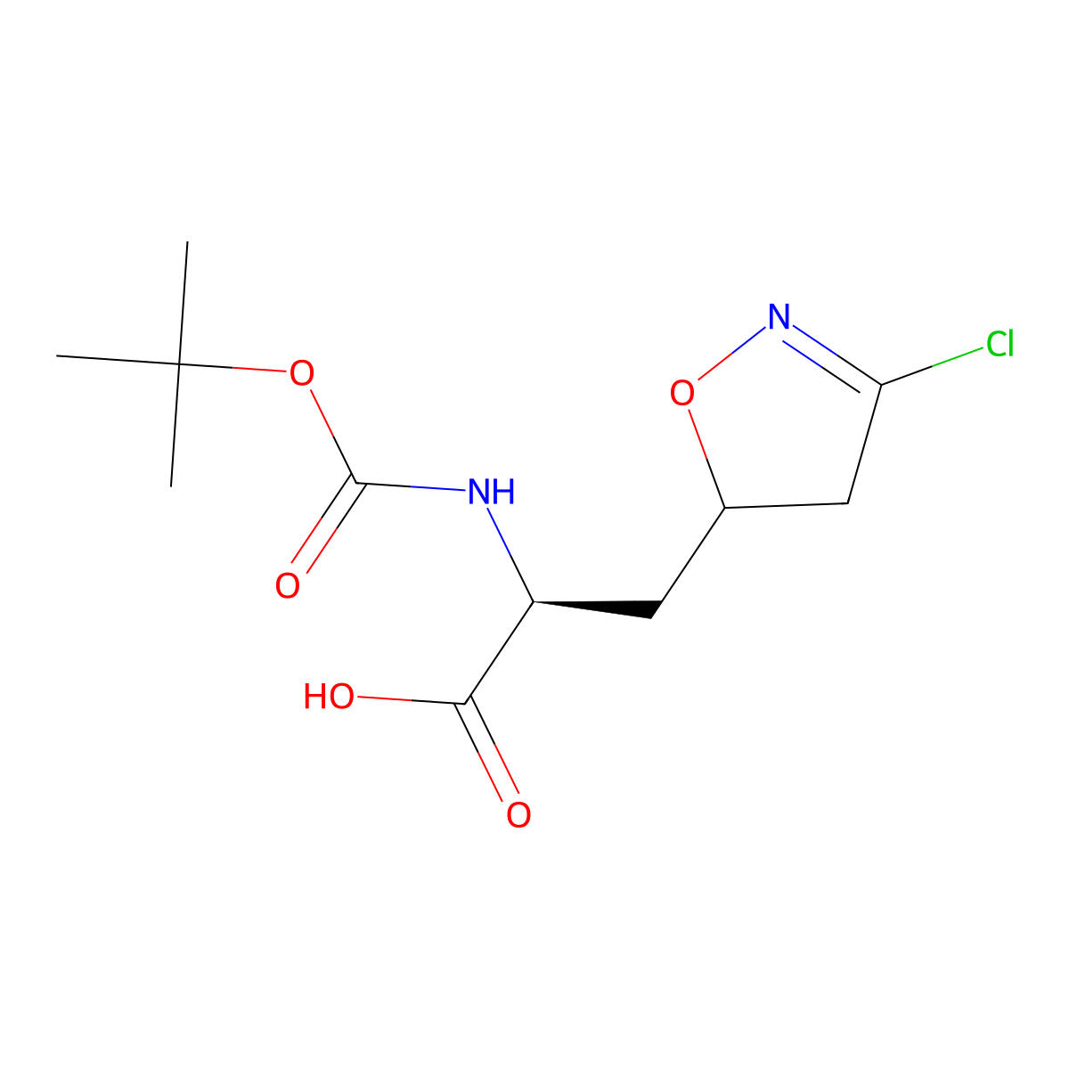 (2S)-2-{[(tert-butoxy)carbonyl]amino}-3-(3-chloro-4,5-dihydro-1,2-oxazol-5-yl)propanoic acid molecular structure, CAS 2649294-36-8
