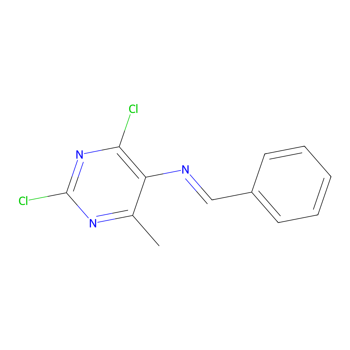 (E)-N-(2,4-dichloro-6-methylpyrimidin-5-yl)-1-phenylmethanimine molecular structure, CAS 2649357-75-3