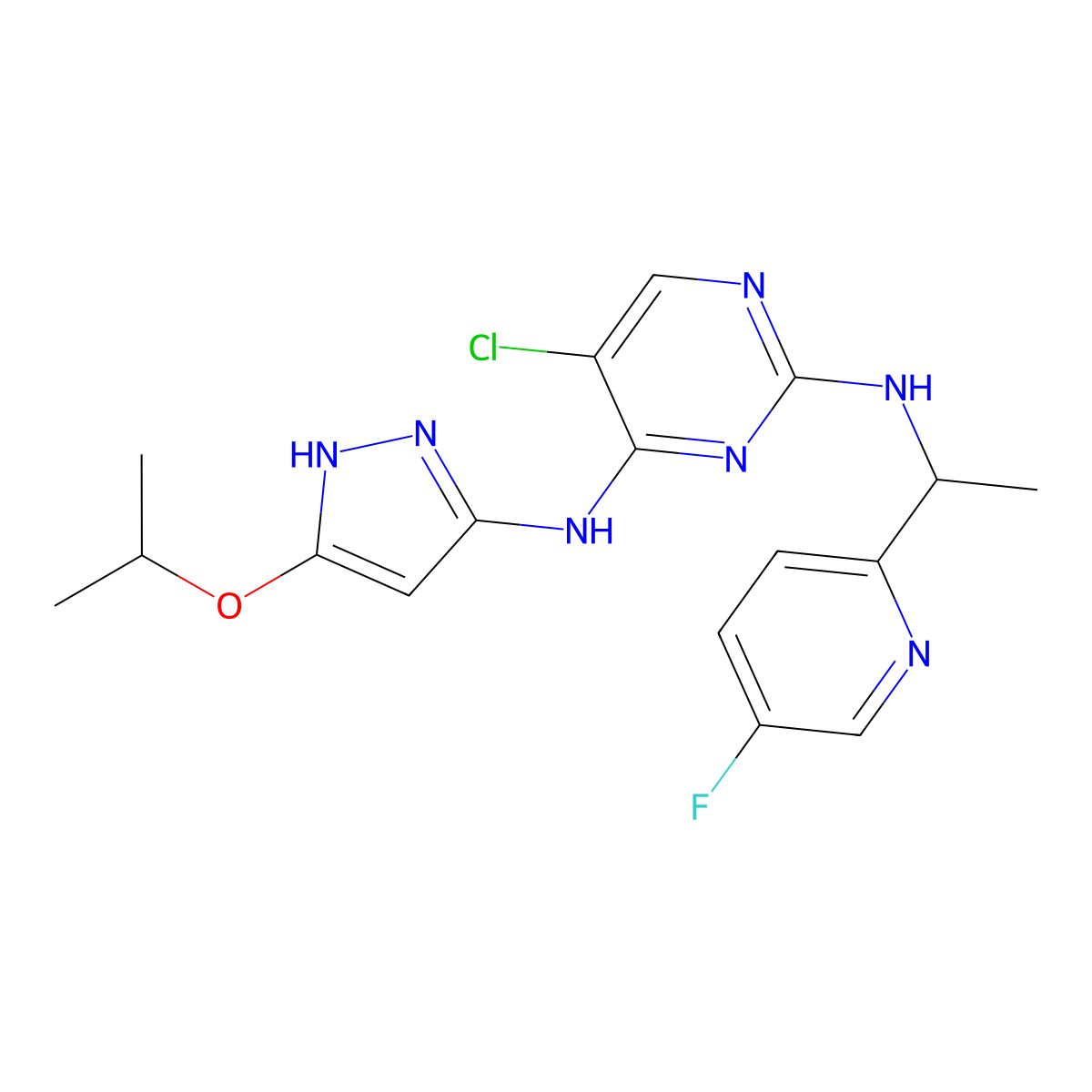 5-chloro-N2-(1-(5-fluoropyridin-2-yl)ethyl)-N4-(5-isopropoxy-1H-pyrazol-3-yl)pyrimidine-2,4-diamine molecular structure, CAS 2649758-84-7