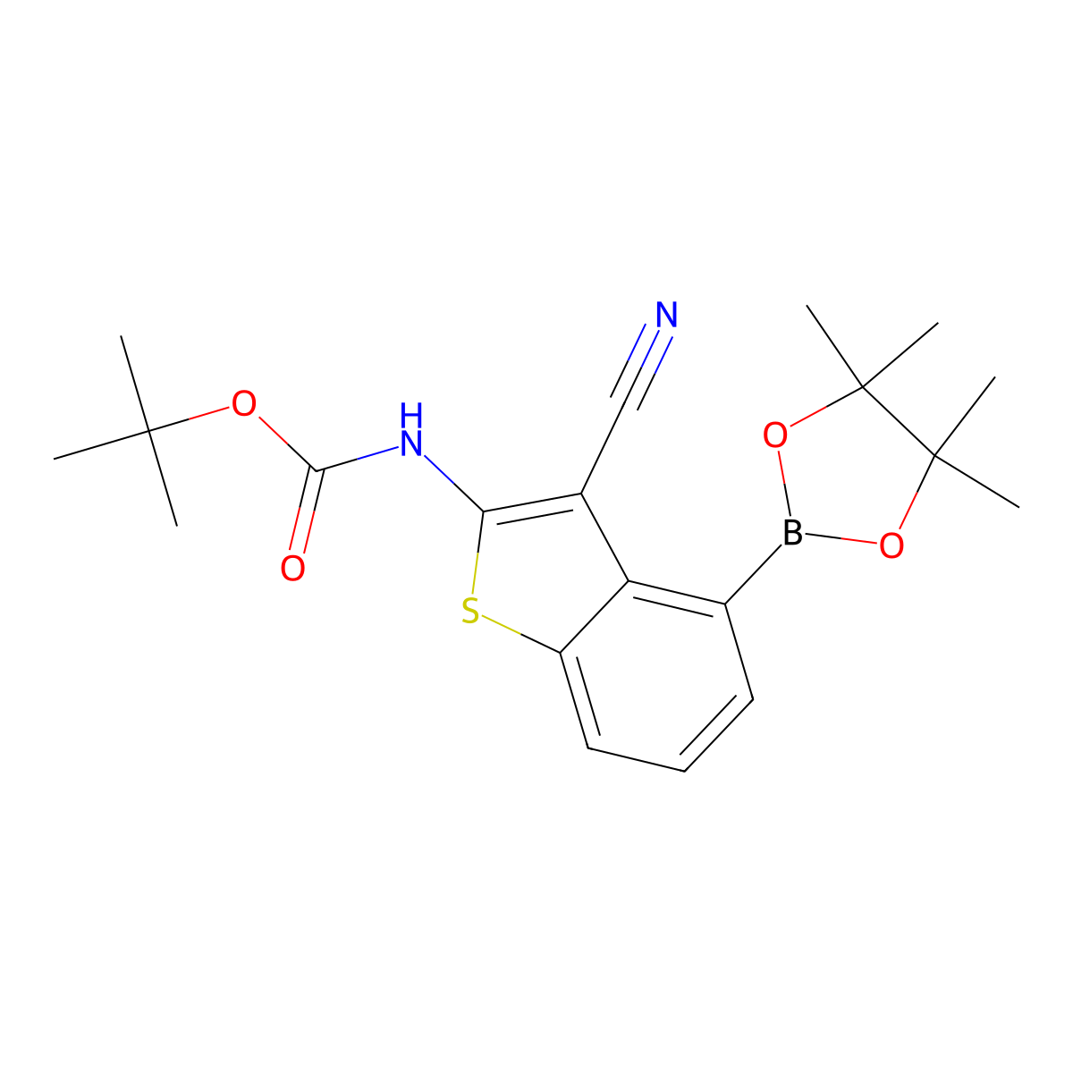 tert-Butyl (3-cyano-4-(4,4,5,5-tetramethyl-1,3,2-dioxaborolan-2-yl)benzo[b]thiophen-2-yl)carbamate molecular structure, CAS 2649788-76-9