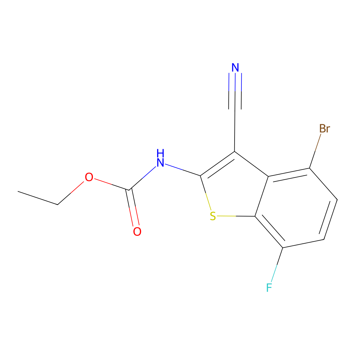 Ethyl (4-bromo-3-cyano-7-fluorobenzo[b]thiophen-2-yl)carbamate molecular structure, CAS 2649788-77-0
