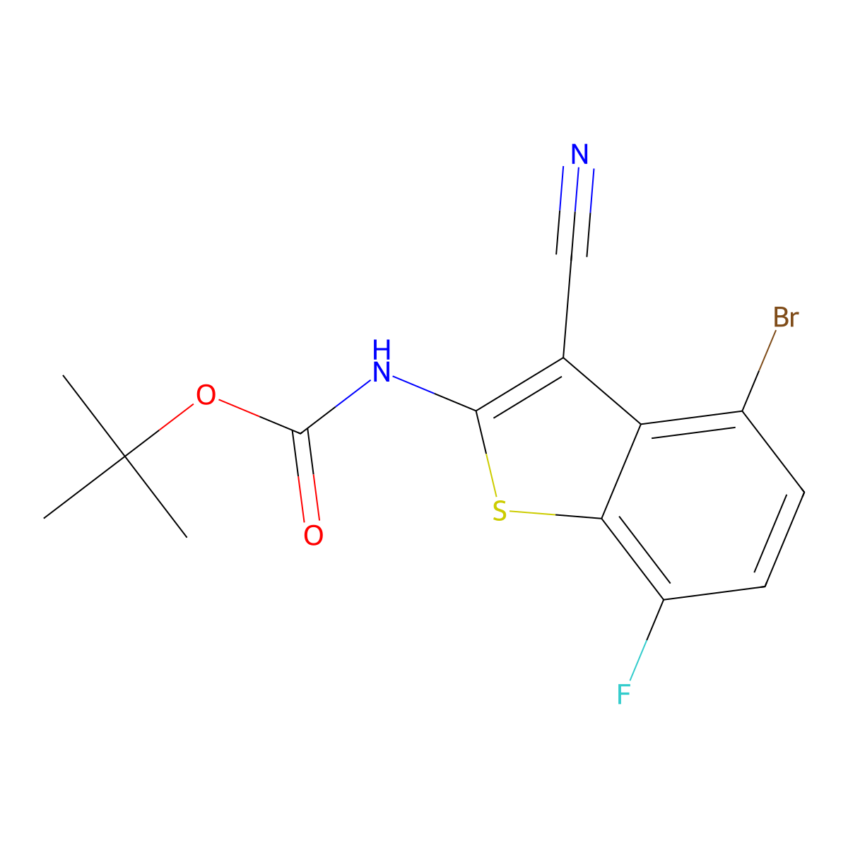 tert-butyl N-(4-bromo-3-cyano-7-fluoro-benzothiophen-2-yl)carbamate molecular structure, CAS 2649788-79-2