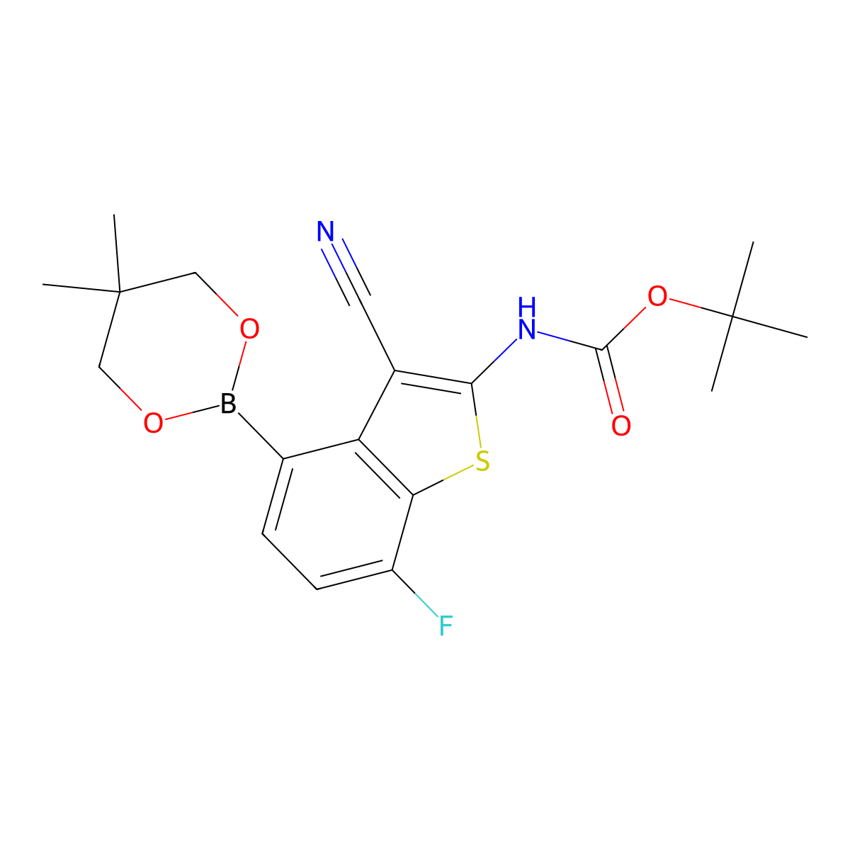 tert-Butyl (3-cyano-4-(5,5-dimethyl-1,3,2-dioxaborinan-2-yl)-7-fluorobenzo[b]thiophen-2-yl)carbamate molecular structure, CAS 2649788-80-5