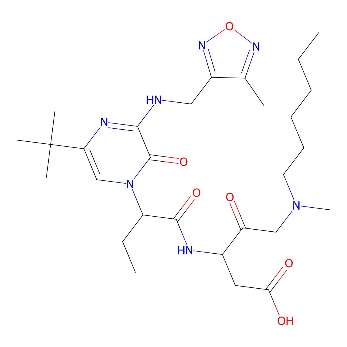 3-[2-[5-Tert-butyl-3-[(4-methyl-1,2,5-oxadiazol-3-yl)methylamino]-2-oxopyrazin-1-yl]butanoylamino]-5-(hexyl-methylamino)-4-oxopentanoic acid molecular structure, CAS 2649883-37-2