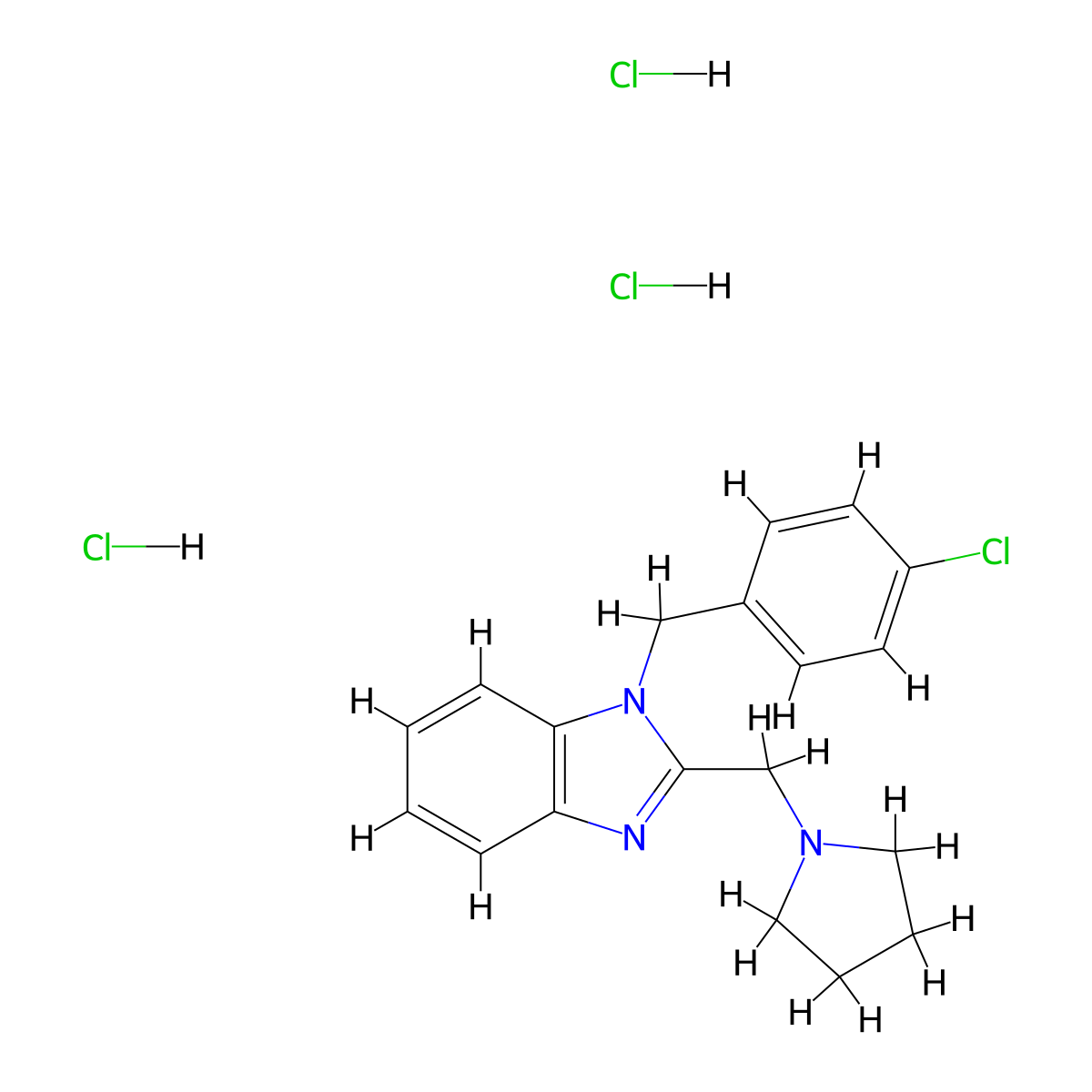 1-[(4-chlorophenyl)methyl]-2-[(pyrrolidin-1-yl)methyl]-1H-1,3-benzodiazole trihydrochloride molecular structure, CAS 2650007-05-7