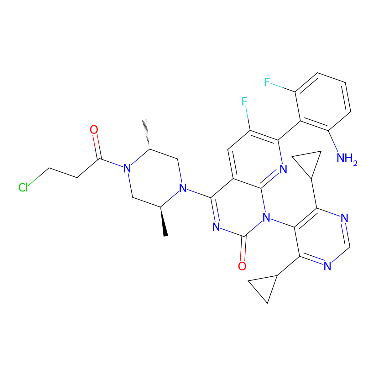 7-(2-Amino-6-fluorophenyl)-4-((2S,5R)-4-(3-chloropropanoyl)-2,5-dimethylpiperazin-1-YL)-1-(4,6-dicyclopropylpyrimidin-5-YL)-6-fluoropyrido[2,3-D]pyrimidin-2(1H)-one molecular structure, CAS 2650523-66-1