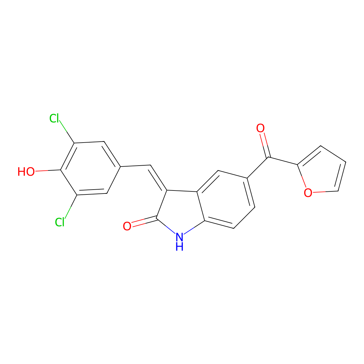 3-[(3,5-dichloro-4-hydroxyphenyl)methylidene]-5-(furan-2-carbonyl)-1H-indol-2-one molecular structure, CAS 265098-01-9