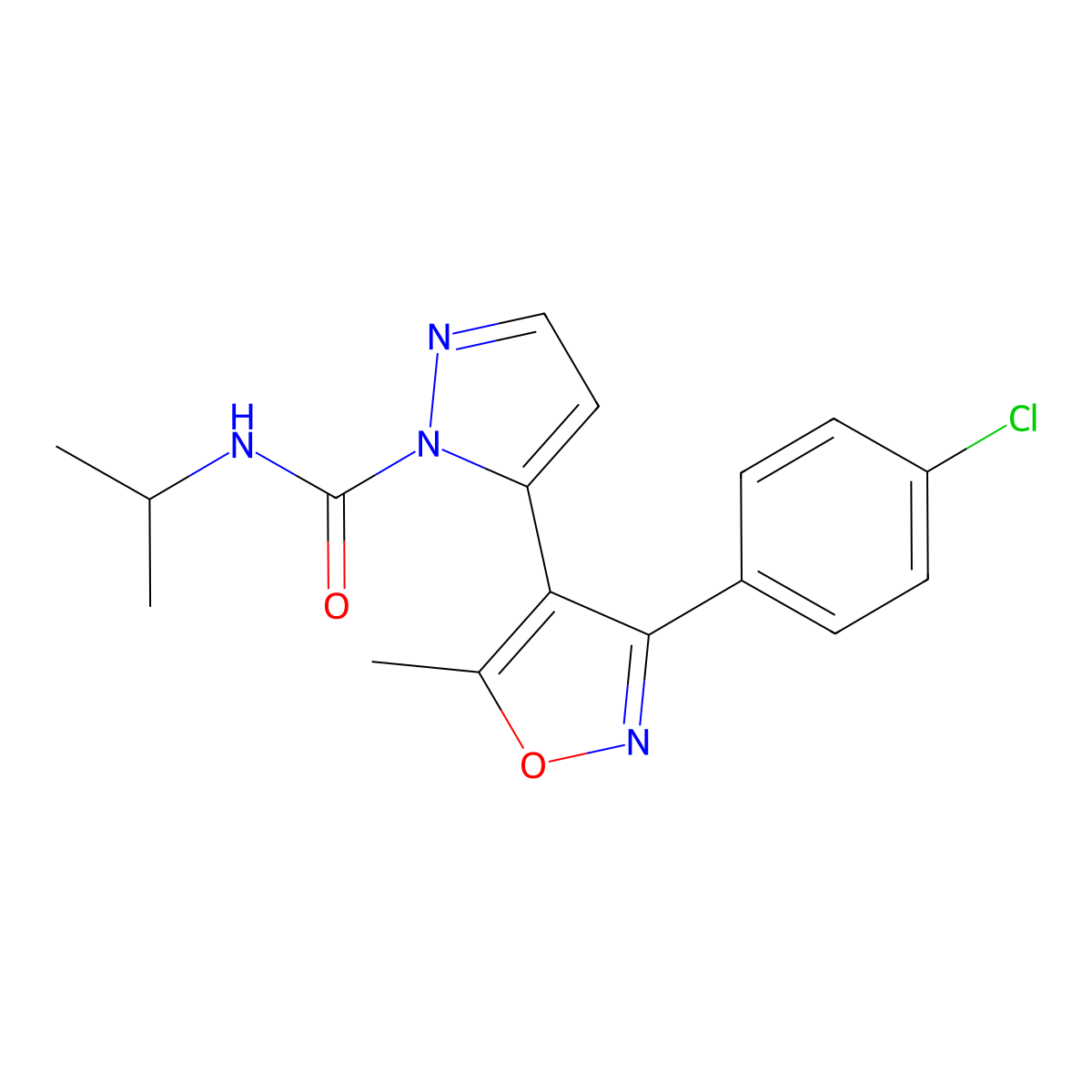 5-[3-(4-chlorophenyl)-5-methyl-1,2-oxazol-4-yl]-N-propan-2-ylpyrazole-1-carboxamide molecular structure, CAS 265125-06-2