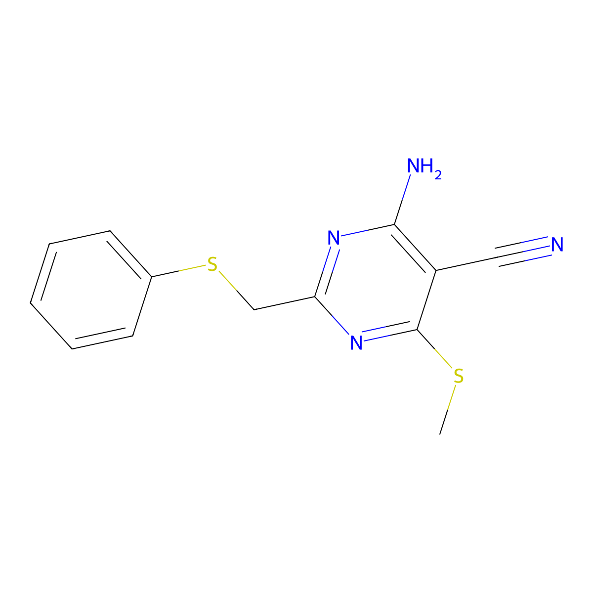 4-Amino-6-(methylsulfanyl)-2-[(phenylsulfanyl)methyl]-5-pyrimidinecarbonitrile molecular structure, CAS 265314-47-4