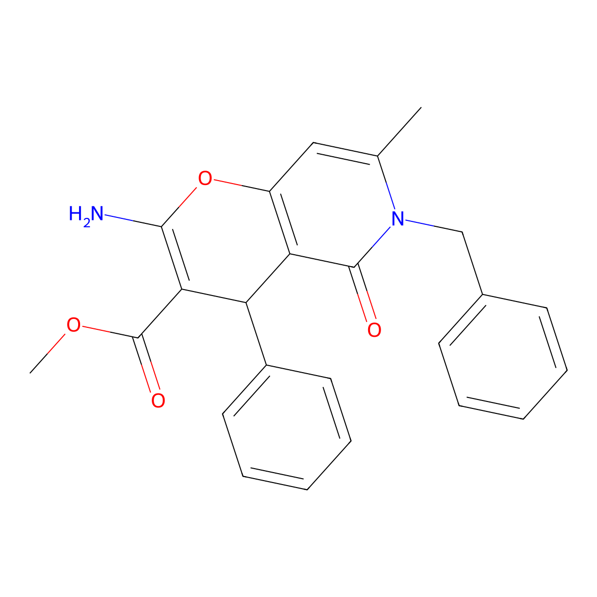 methyl 2-amino-6-benzyl-7-methyl-5-oxo-4-phenyl-5,6-dihydro-4H-pyrano[3,2-c]pyridine-3-carboxylate molecular structure, CAS 265315-59-1