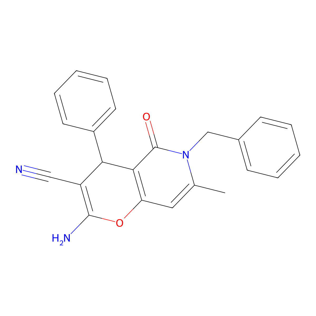 2-amino-6-benzyl-7-methyl-5-oxo-4-phenyl-5,6-dihydro-4H-pyrano[3,2-c]pyridine-3-carbonitrile molecular structure, CAS 265315-64-8