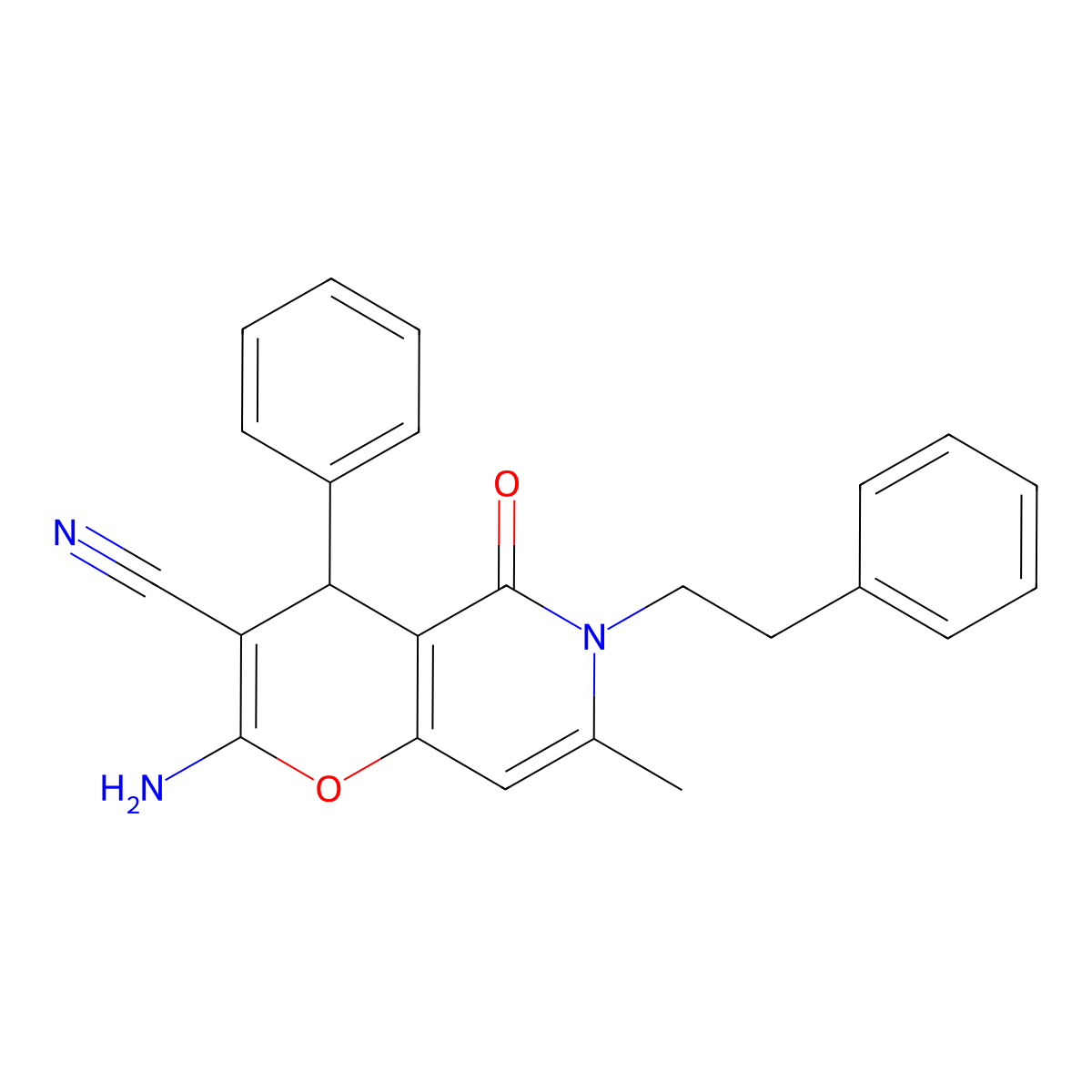 2-amino-7-methyl-5-oxo-6-phenethyl-4-phenyl-5,6-dihydro-4H-pyrano[3,2-c]pyridine-3-carbonitrile molecular structure, CAS 265315-65-9