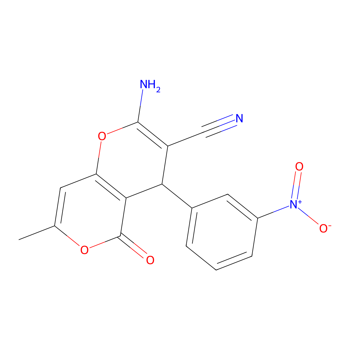 2-amino-7-methyl-4-(3-nitrophenyl)-5-oxo-4H,5H-pyrano[3,2-c]pyran-3-carbonitrile molecular structure, CAS 265315-70-6