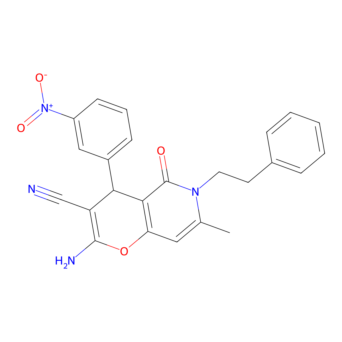 2-amino-7-methyl-4-(3-nitrophenyl)-5-oxo-6-(2-phenylethyl)-5,6-dihydro-4H-pyrano[3,2-c]pyridine-3-carbonitrile molecular structure, CAS 265315-72-8