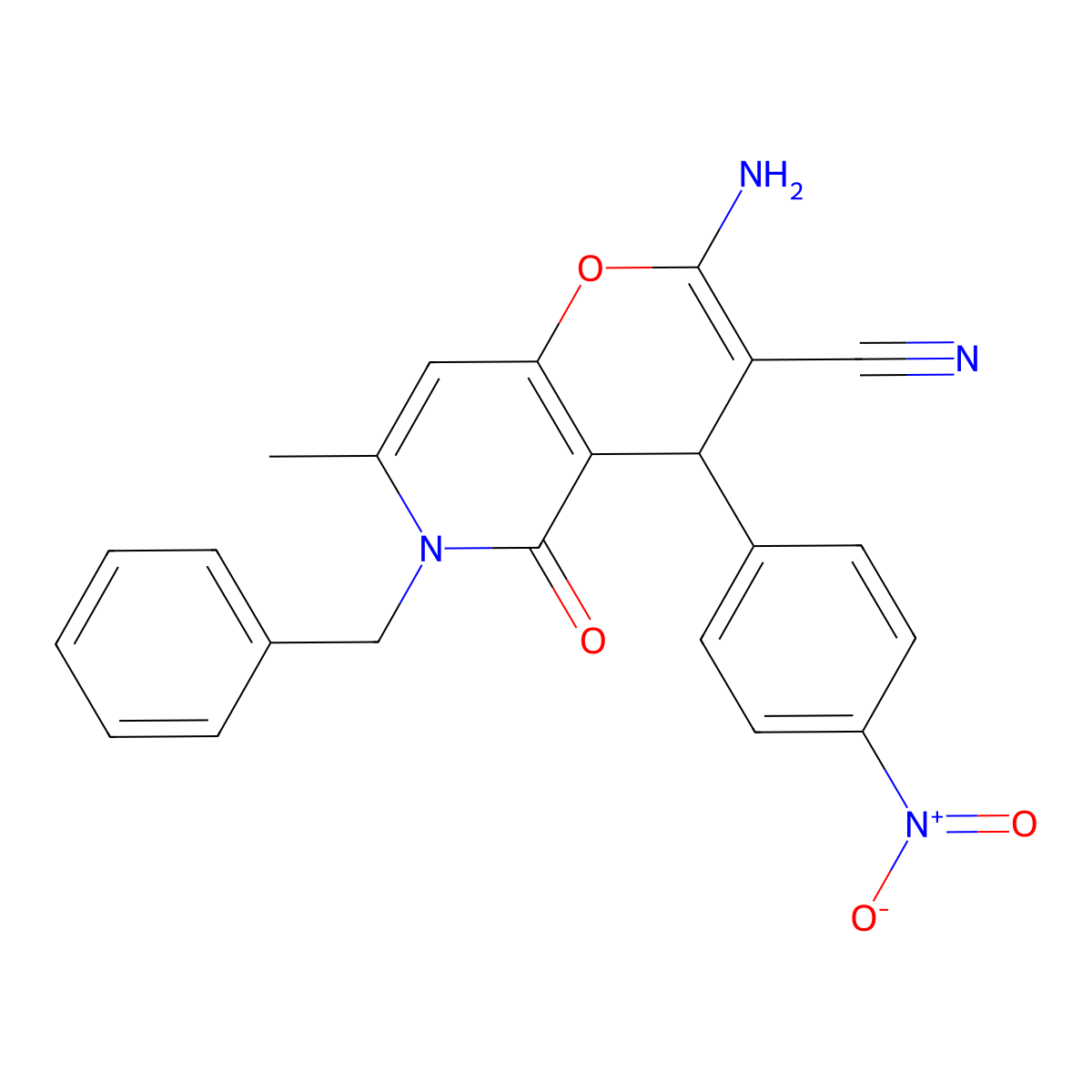 2-amino-6-benzyl-7-methyl-4-(4-nitrophenyl)-5-oxo-5,6-dihydro-4H-pyrano[3,2-c]pyridine-3-carbonitrile molecular structure, CAS 265315-77-3