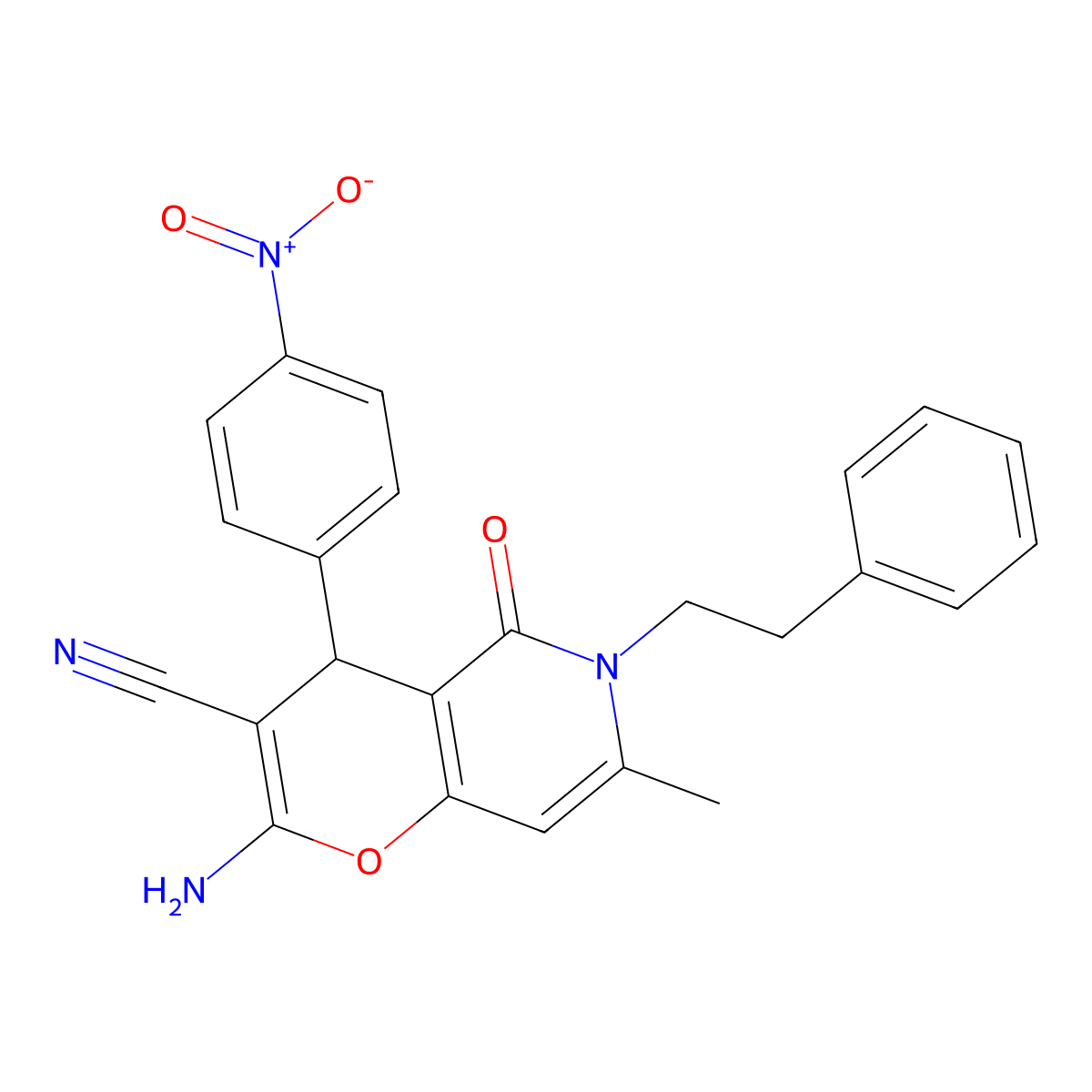 2-amino-7-methyl-4-(4-nitrophenyl)-5-oxo-6-(2-phenylethyl)-5,6-dihydro-4H-pyrano[3,2-c]pyridine-3-carbonitrile molecular structure, CAS 265315-78-4
