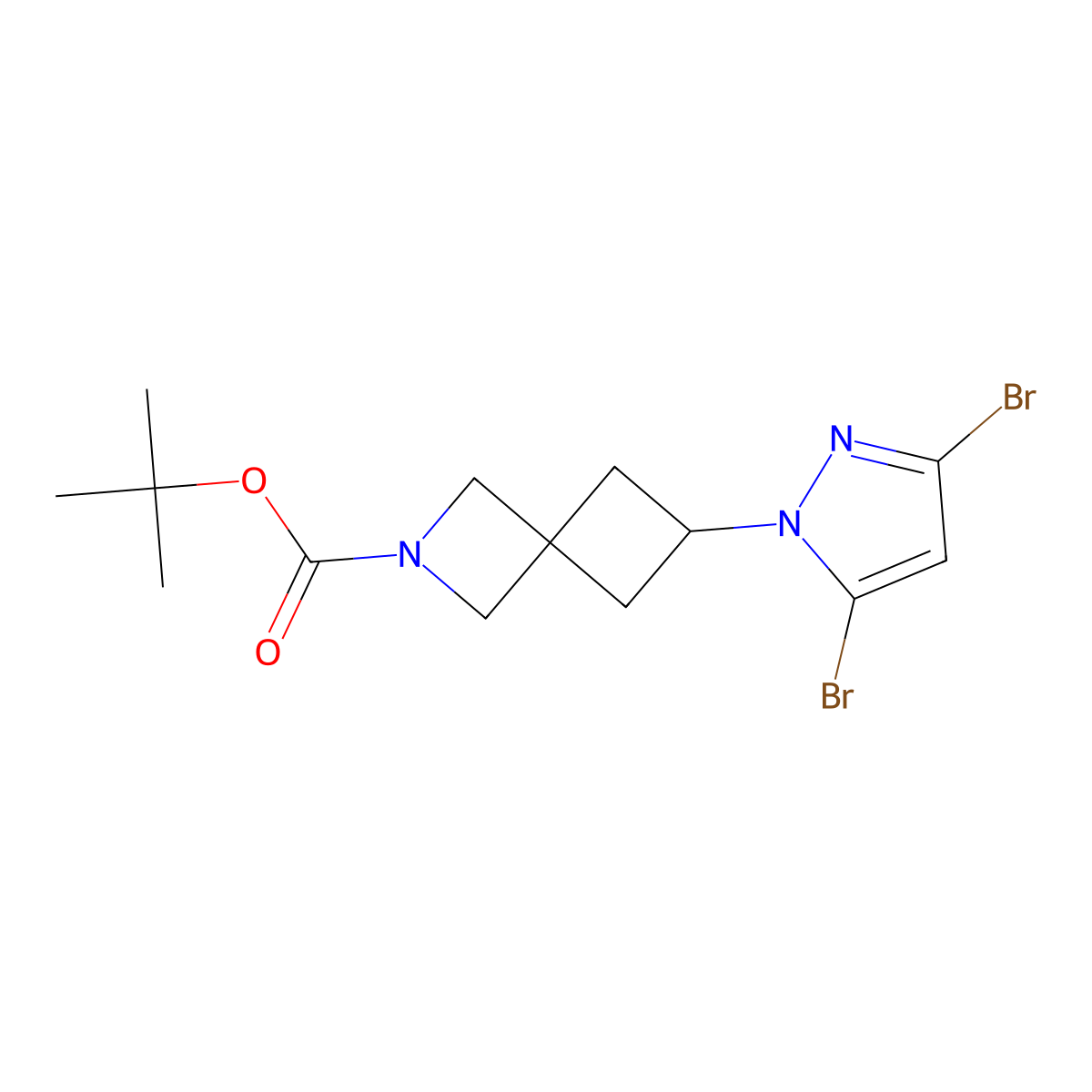 Tert-butyl 6-(3,5-dibromo-1H-pyrazol-1-YL)-2-azaspiro[3.3]heptane-2-carboxylate molecular structure, CAS 2653202-12-9