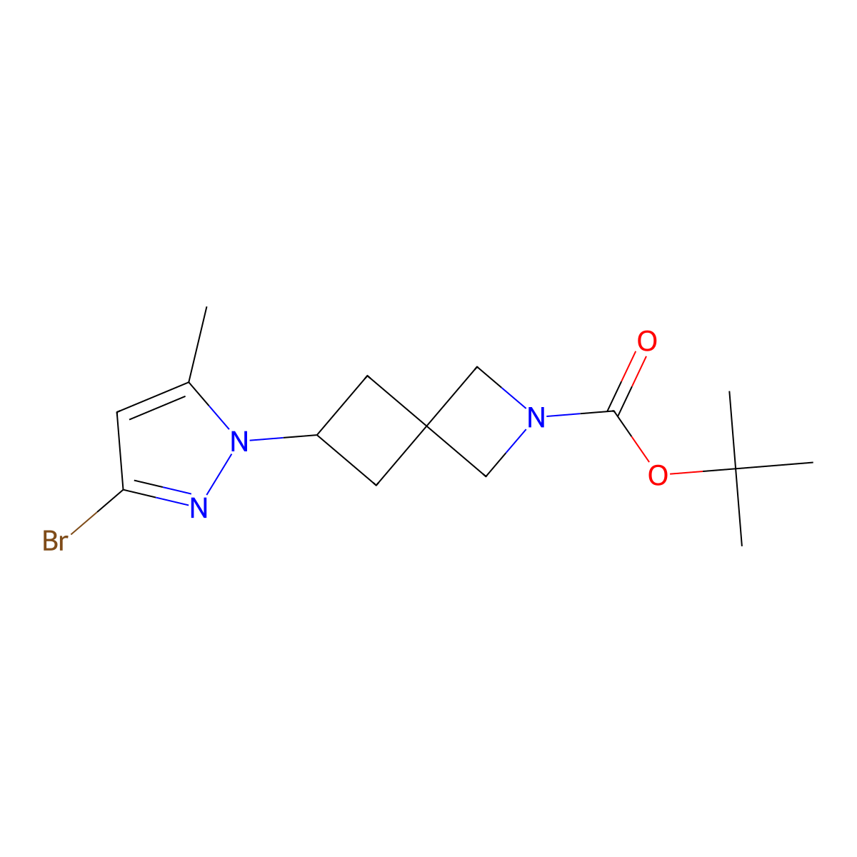 Tert-butyl 6-(3-bromo-5-methyl-1H-pyrazol-1-YL)-2-azaspiro[3.3]heptane-2-carboxylate molecular structure, CAS 2653202-13-0