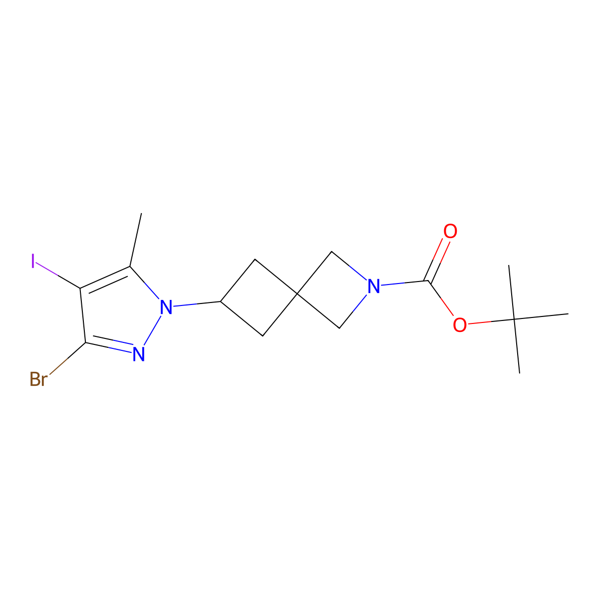 tert-Butyl 6-(3-bromo-4-iodo-5-methyl-1H-pyrazol-1-yl)-2-azaspiro[3.3]heptane-2-carboxylate molecular structure, CAS 2653202-14-1