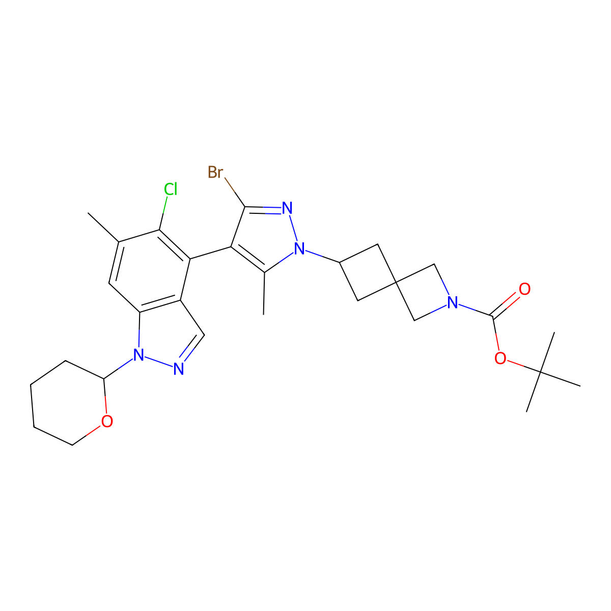 tert-Butyl 6-(3-bromo-4-(5-chloro-6-methyl-1-(tetrahydro-2H-pyran-2-yl)-1H-indazol-4-yl)-5-methyl-1H-pyrazol-1-yl)-2-azaspiro[3.3]heptane-2-carboxylate molecular structure, CAS 2653202-15-2