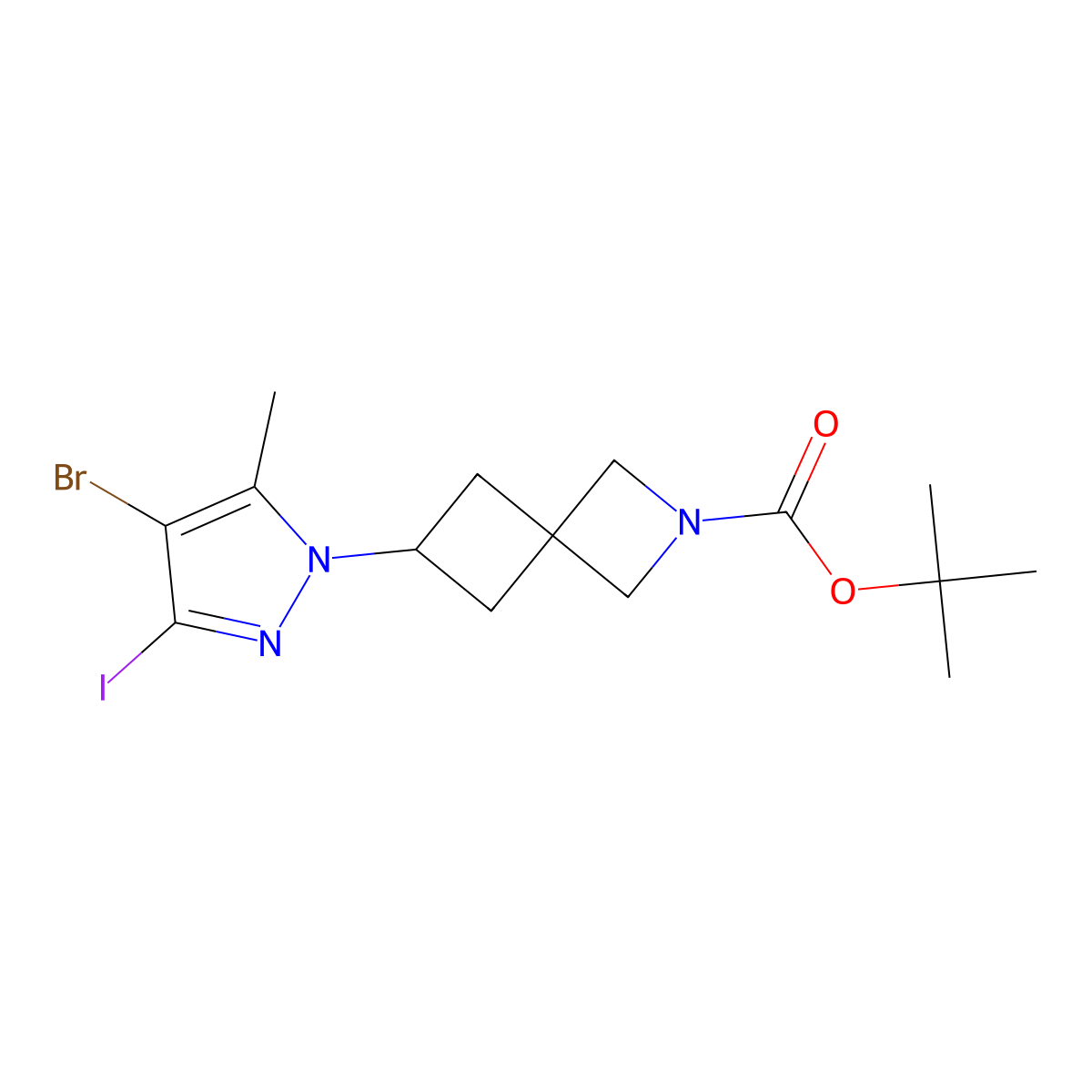 Tert-butyl 6-(4-bromo-3-iodo-5-methylpyrazol-1-yl)-2-azaspiro[3.3]heptane-2-carboxylate molecular structure, CAS 2653202-20-9