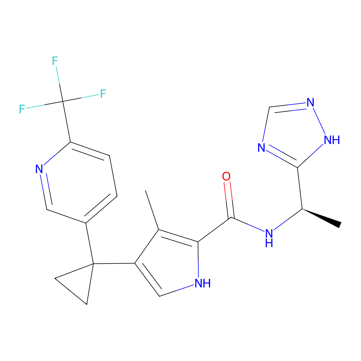 3-methyl-N-[(1R)-1-(1H-1,2,4-triazol-5-yl)ethyl]-4-[1-[6-(trifluoromethyl)pyridin-3-yl]cyclopropyl]-1H-pyrrole-2-carboxamide molecular structure, CAS 2653225-38-6