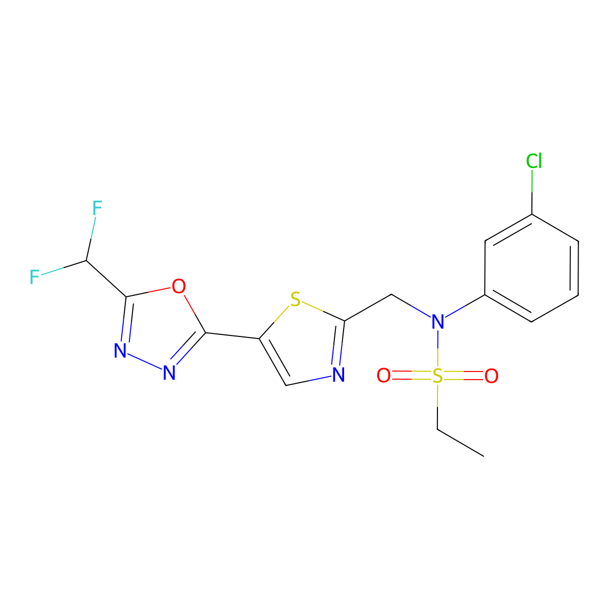 N-(3-Chlorophenyl)-N-((5-(5-(difluoromethyl)-1,3,4-oxadiazol-2-yl)thiazol-2-yl)methyl)ethanesulfonamide molecular structure, CAS 2653254-31-8