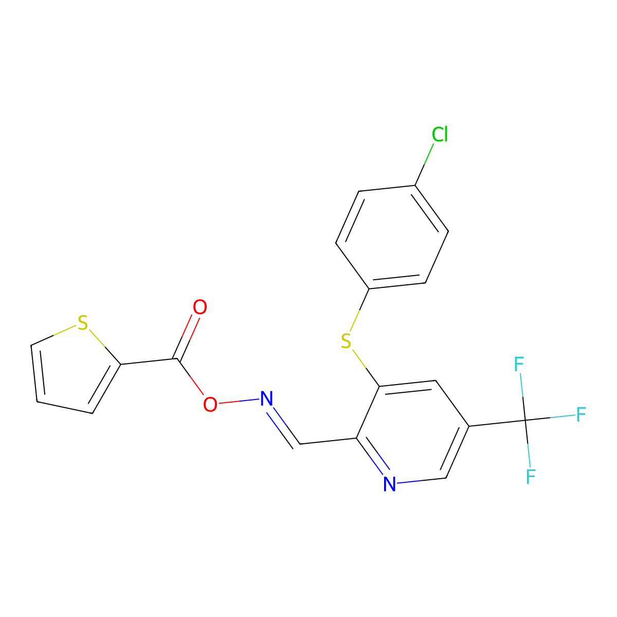 3-[(4-Chlorophenyl)thio]-5-(trifluoromethyl)-2-pyridinecarboxaldehyde O-(2-thienylcarbonyl)oxime molecular structure, CAS 265328-15-2