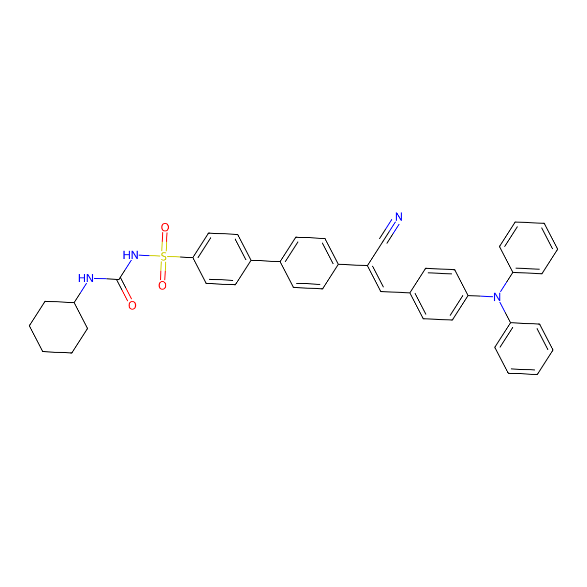 1-[4-[4-[1-cyano-2-[4-(N-phenylanilino)phenyl]ethenyl]phenyl]phenyl]sulfonyl-3-cyclohexylurea molecular structure, CAS 2653341-17-2