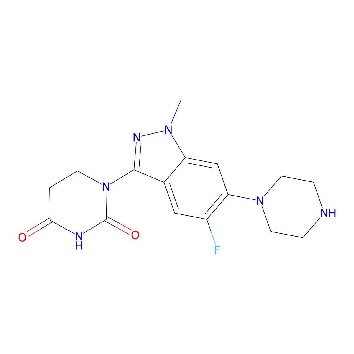 1-(5-Fluoro-1-methyl-6-(piperazin-1-YL)-1H-indazol-3-YL)dihydropyrimidine-2,4(1H,3H)-dione molecular structure, CAS 2654826-46-5